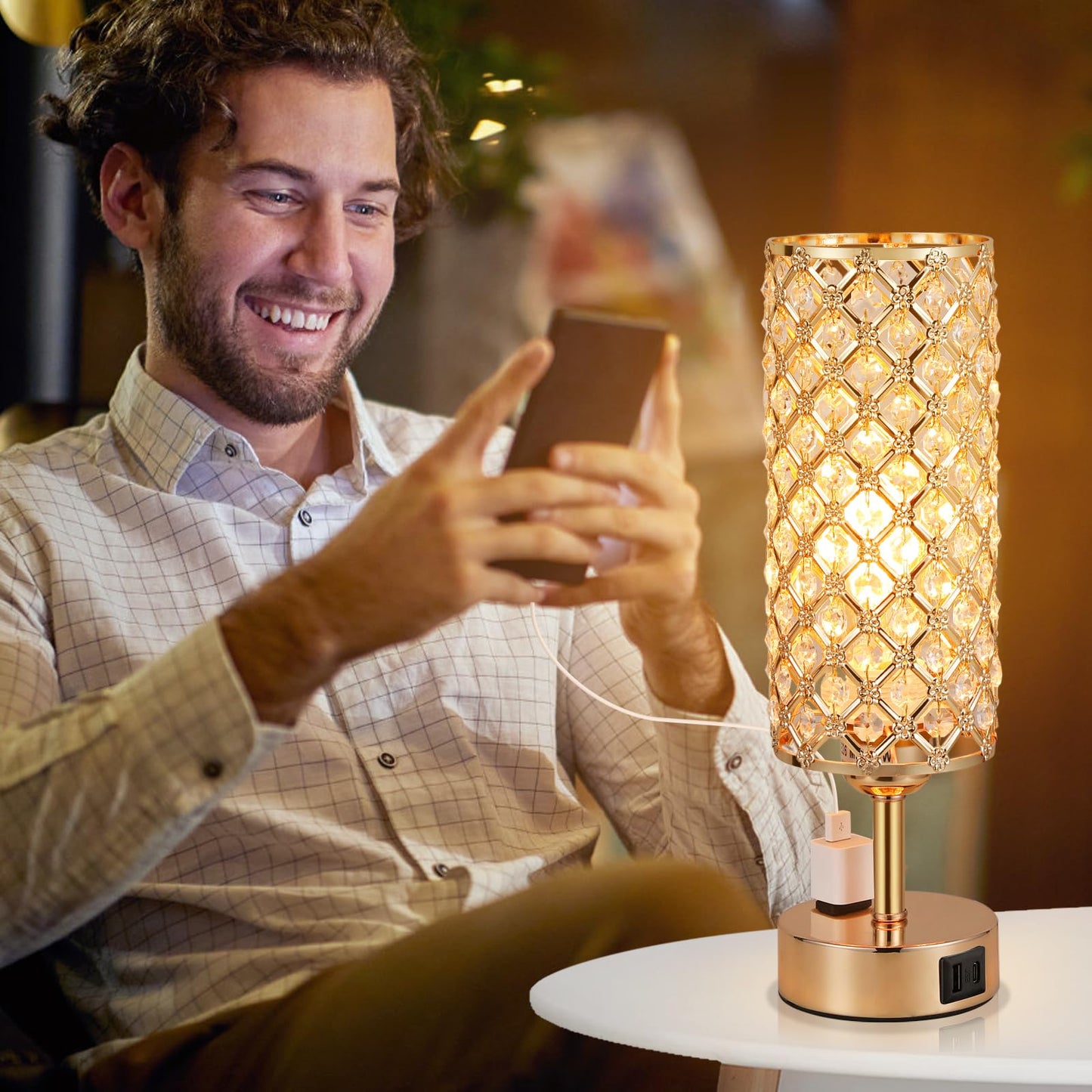 Hong-in Gold Lamps Set of 2, Dimmable Gold Lamps for Nightstand with USB-C+A & AC Charging Ports, 3-Way USB Crystal Lamp, Bedside Desk Light for Bedroom Living Room Home Office(Bulb Included)