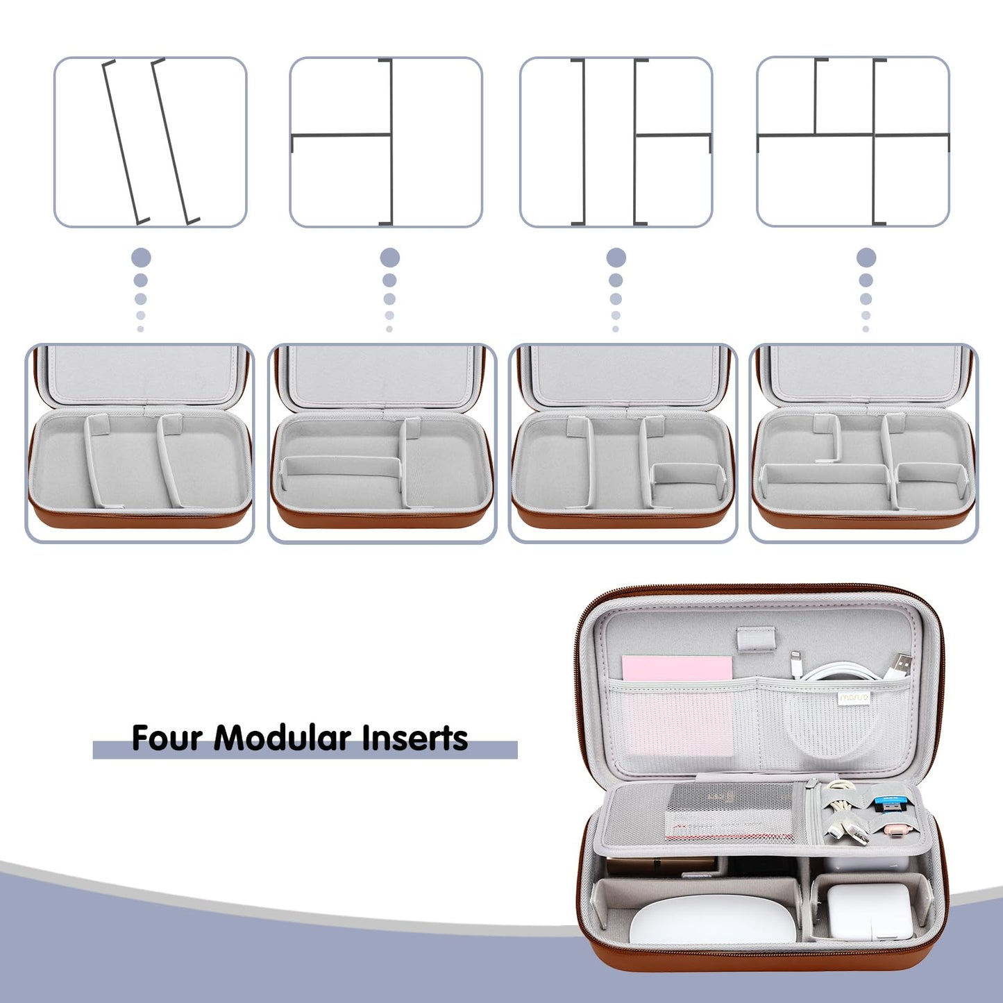 MOSISO Electronic Organizer Travel Case Compatible with MacBook Power Adapter, Compatible with Magic Mouse & Pencil, SD Card, USB Flash Disk with 4 Modular Insert & 2 Cable Tie & Snap Hook, Brown