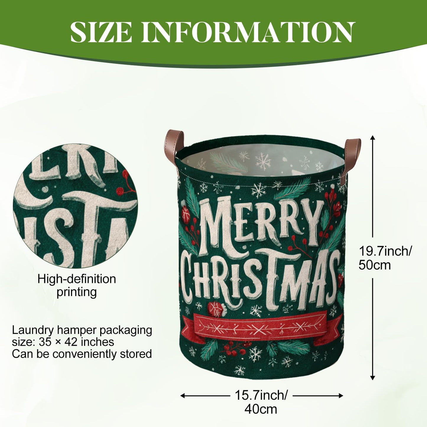 Vintage Merry Christmas Art Laundry Hamper, 15.75x19.7" Large Canvas Clothes Basket with Leather Handles, Retro Dark Green Holiday Storage Bin for Bedroom Bathroom Playroom