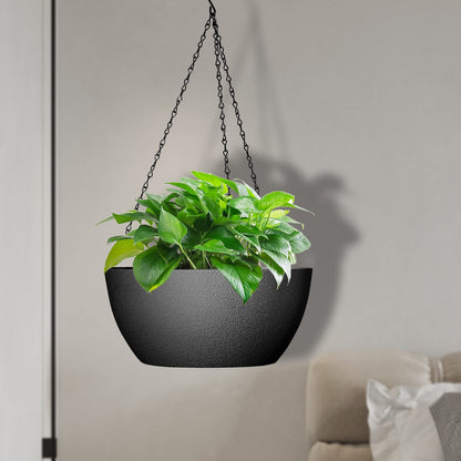WSMKSZ 10 inch Hanging Planters for Outdoor Indoor Plants with Drainage Holes and Chain, 2 Pack Round Hanging Flower Pots for Garden Home Porch Decor, Black