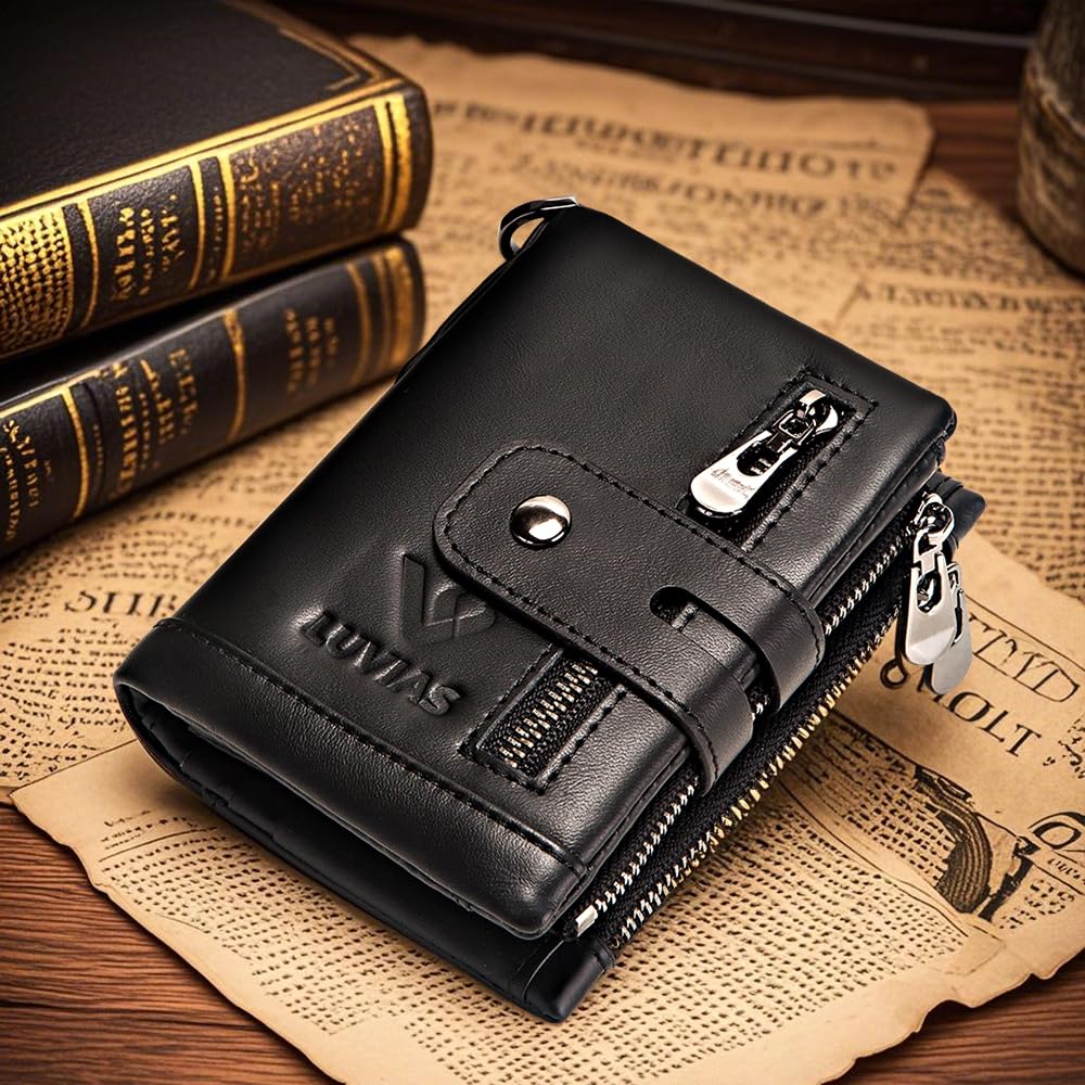 V LUVIAS Anti-Theft Mens Wallet with Chain Genuine Leather ID Window Purse with RFID Blocking Bifold Double Zipper Coin Pocket with Gift Box