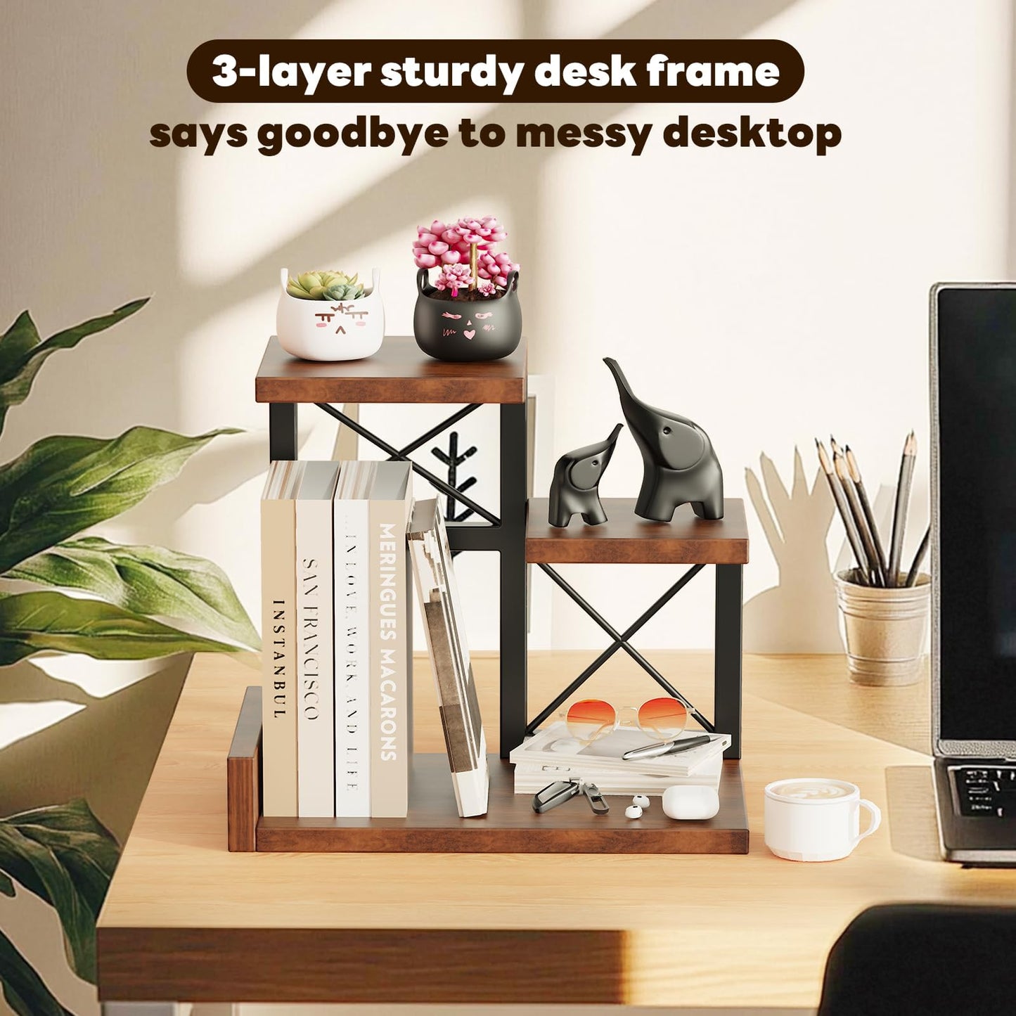 Abiglifty Desk Shelf Organizer, Wooden Desktop Organizers, 3 Tier Desk Hutch Small Bookshelf, Nightstand Organizer, Riser Display Stand for Office, Dorm, Home (Brown)