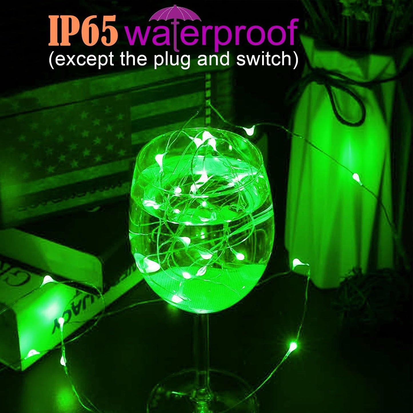 RUICHEN Plug in Fairy Lights with Switch, Waterproof 33 Ft 100 LED Silver Wire Starry String Firefly Lights for Christmas, Halloween, St. Patrick's Day, Parties, Ceiling, Vases, Craft, Green