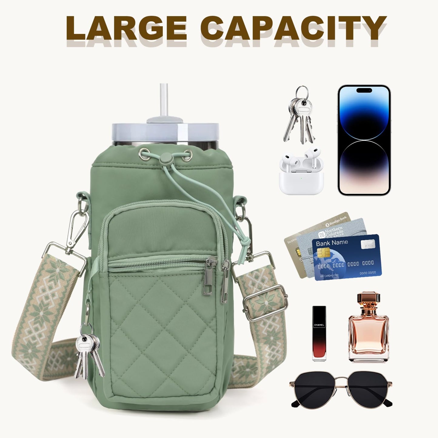 LLParty Water Bottle Holder with Strap, 32oz 40oz Insulated Water Bottle Carrier Bag, Purse Crossbody Sling Bag with Phone Pocket for Walking Hiking, Sage Green