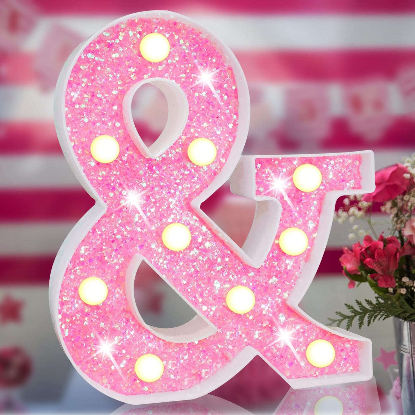 Pink Light Up Letters, Glitter Alphabet Letter Sign Pink LED Marquee Letter Lights Battery Powered for Night Light Girls Bedroom Birthday Party Wedding Home Christmas Decorations Gift for Her-Pink &