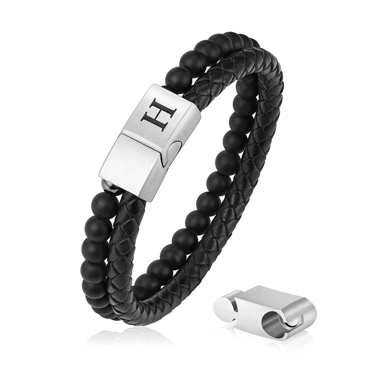 LUXEJEW Mens Bracelet - Black Leather Beaded Bracelets for Men with Magnetic Clasp Letter H Initial Bracelet 6mm Matte Agate Beads Stone Mens Jewelry Birthday Gifts for Men Husband Boyfriend
