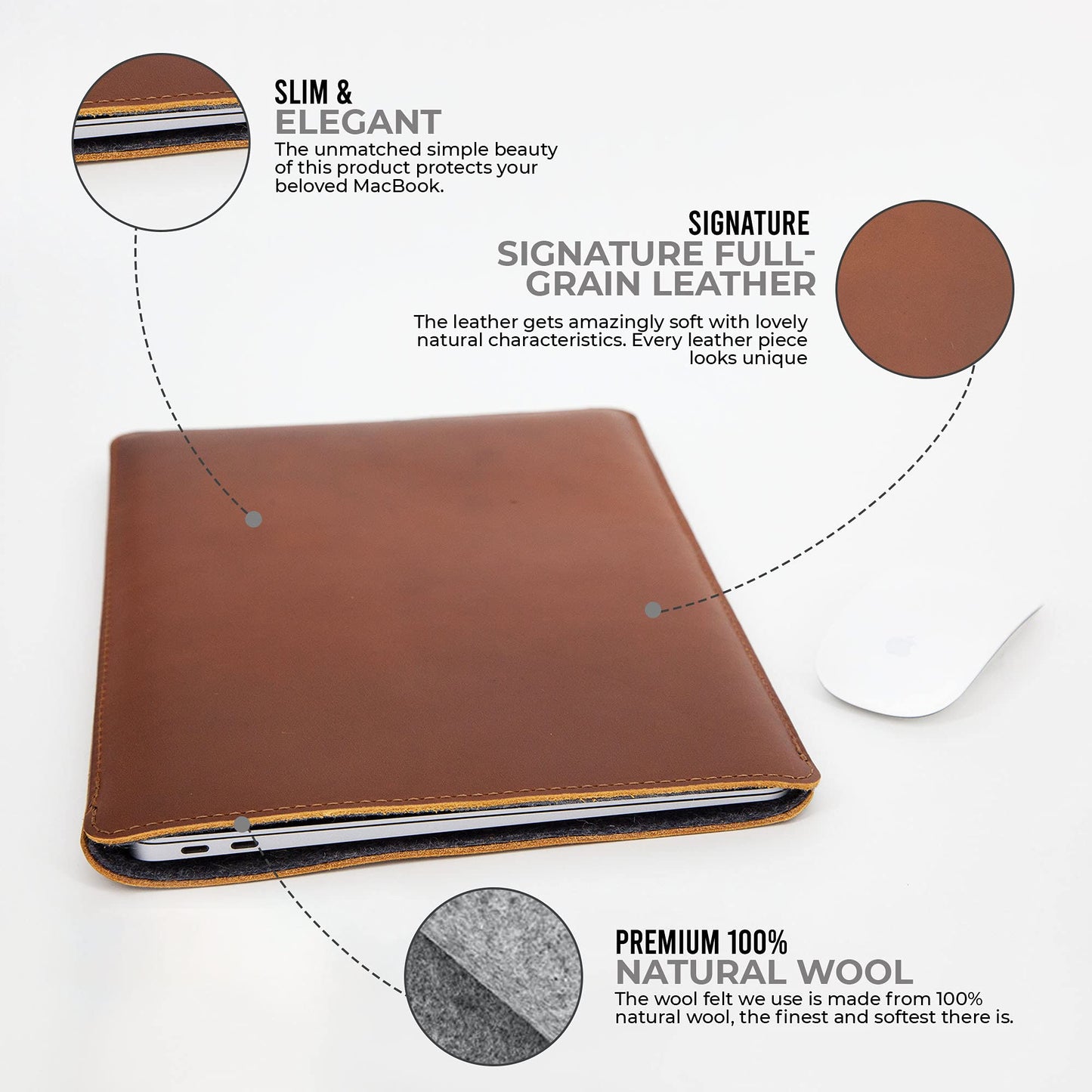ENVOY Leather MacBook Air M2 Sleeve Fits Any 13, 14, 16 Inch - Genuine Full Grain Leather Laptop Case, Pro Slim Mac Cover with Real Wool Lined Pocket, Saddle