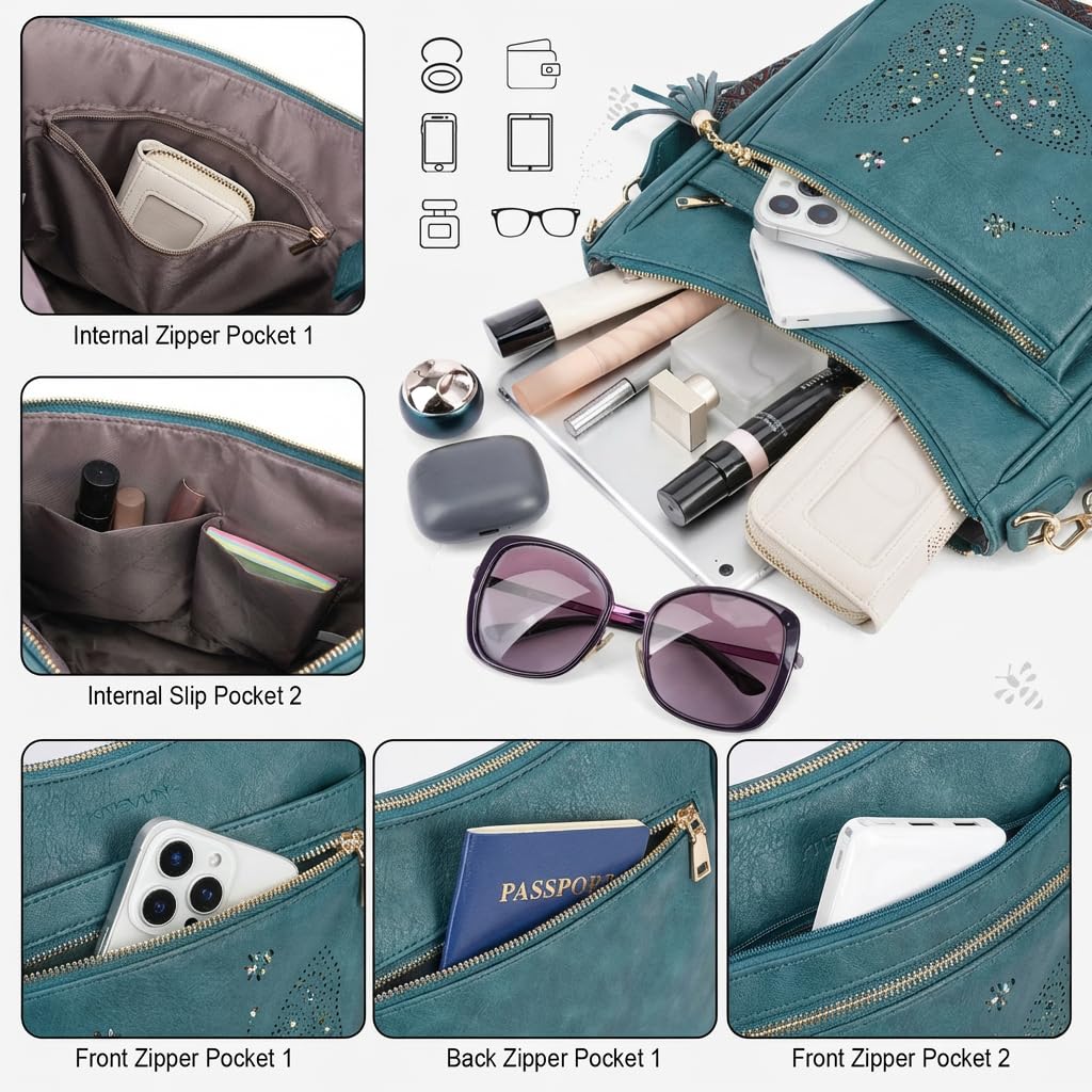 KITEVIUN Medium Crossbody Bags for Women Trendy, Vegan Leather Crossbody Purse Butterfly Design, Women's Shoulder Handbags with Tassel