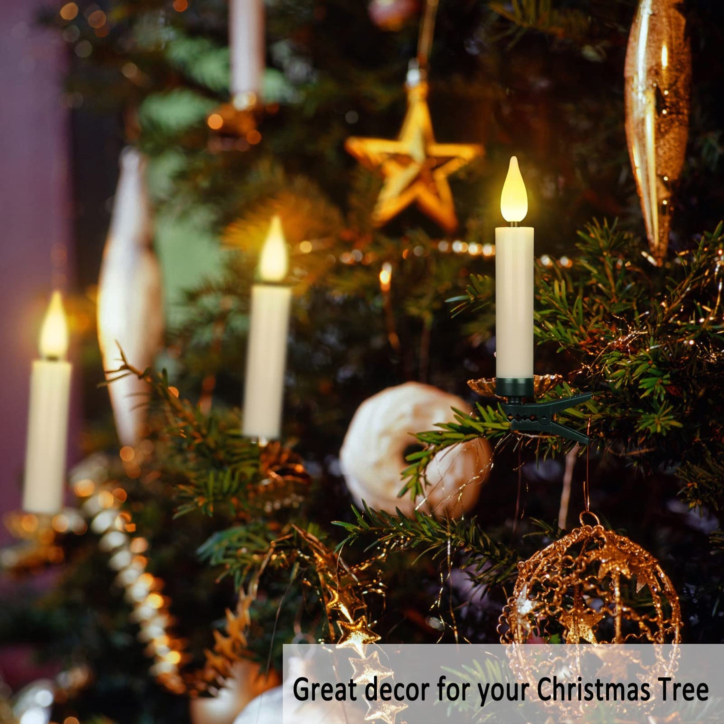 FREEPOWER Christmas Tree Taper Candles with Removable Clips Flameless Electric Fake Candles with Remote Control and Timer for Christmas and Home Decor, Pack of 20 Ivory