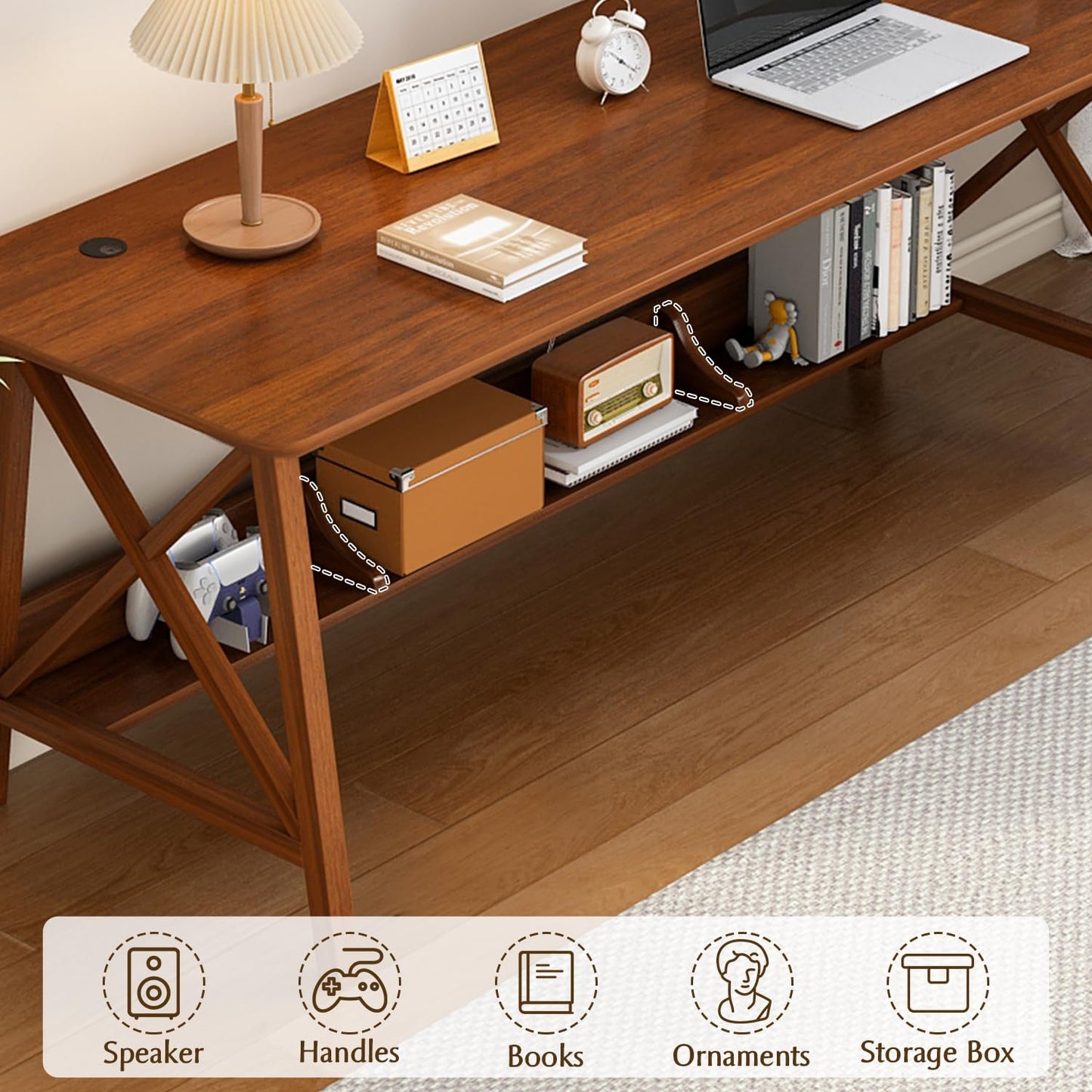 NELYE Extra Long Desk with Bookshelf - Wooden Home Office Work Study Table, Writing Computer Workstation with Storage Shelf in Walnut, 55" Wx20 Dx30 H
