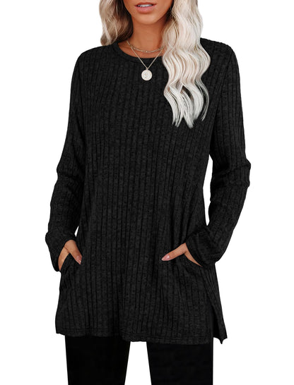 SAMPEEL Womens Sweaters Crewneck Long Sleeve Shirts with Pockets Fall Outfits 2025 Fashion Winter Clothing Side Slit