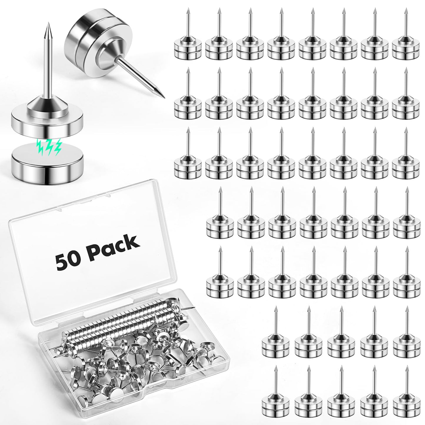 GOOLADA 50 Sets of Magnetic Push Pins,Silver Magnetic Tacks,Thumbtacks for Hanging, Metal Tacks and Push Pins Magnets for Cork Board, Poster Hangers, Thumb Tacks for Wall Bulletin Boards Decorative