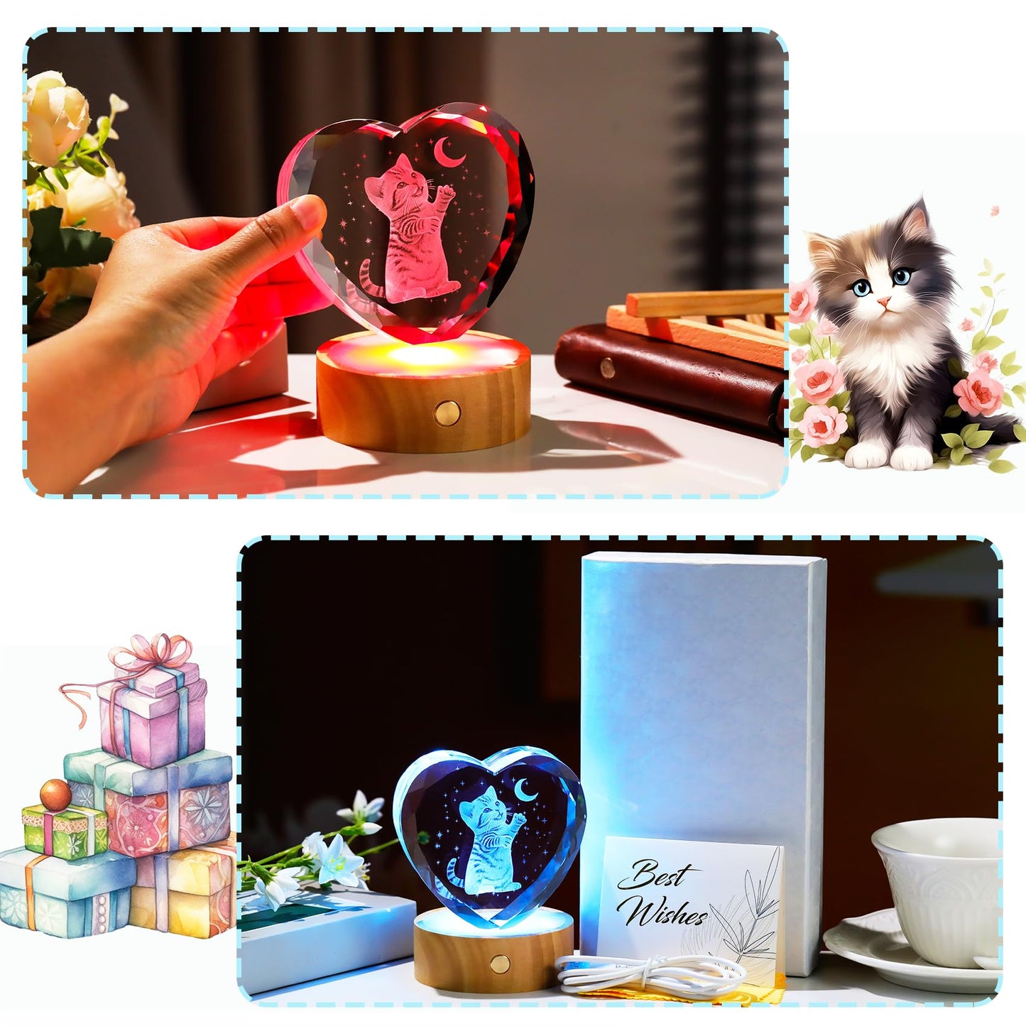 Arikyrist 3D Cat and Moon Crystal Heart Gifts for Women Cat Lovers - Glass Kitty Statue with Wooden Light Base, Cute Kitten Lamp Collectible Night Light Home Decor