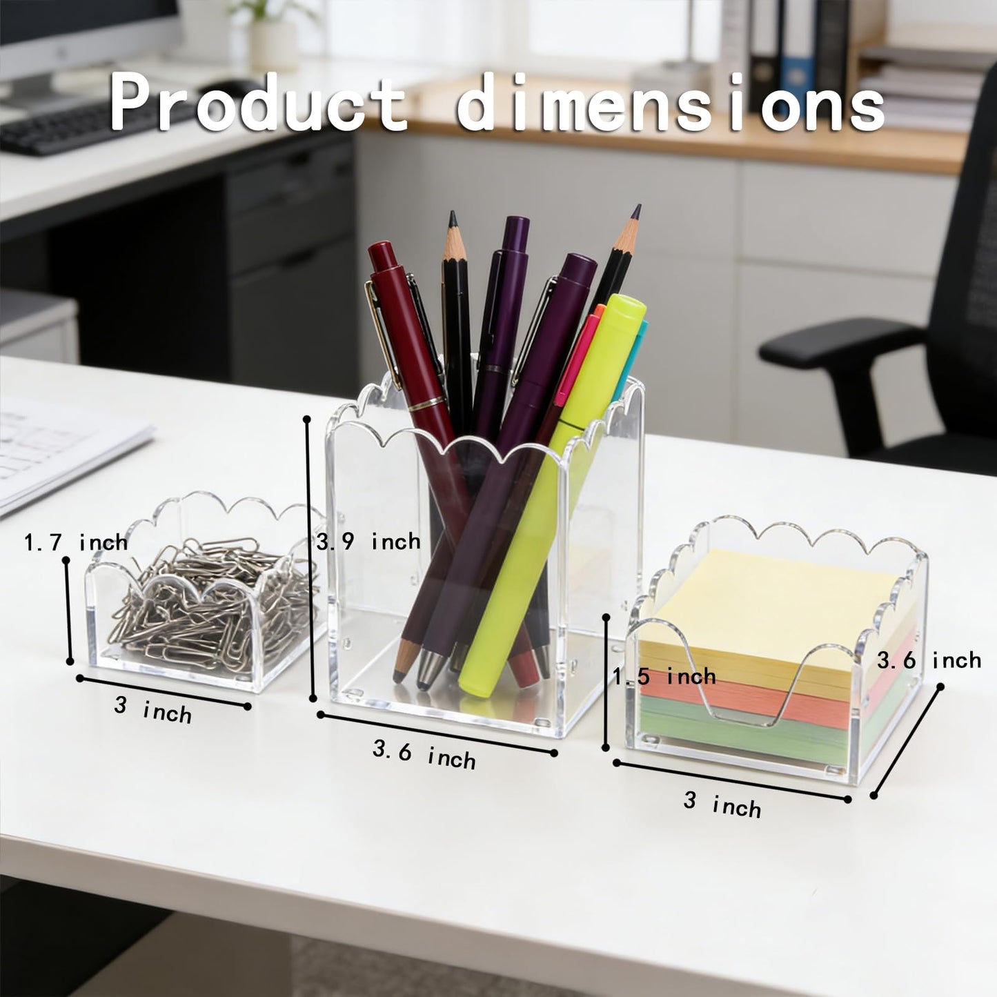 YAGELI Clear Acrylic Desk Organizer Set of 3, Magnetic Modular Pen Holder with Sticky Notes & Paperclip Tray, Aesthetic Desk Accessories for Home Office & Minimalist Decor