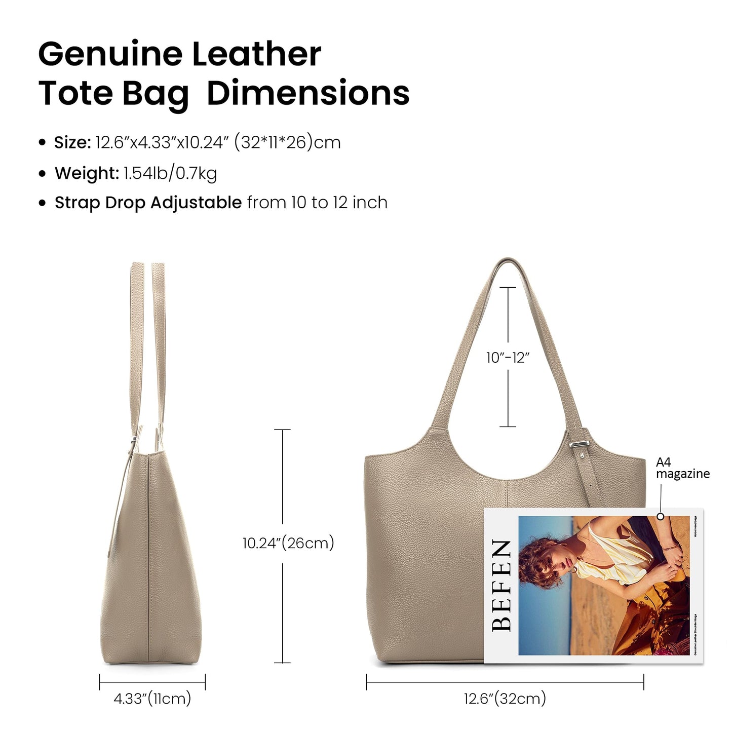 befen Genuine Leather Tote Bags for Women Work, Real Brown Leather Shoulder Handbags Zippered Satchel Purses with Adjustable Strap for Casual Shopping Travel Taupe