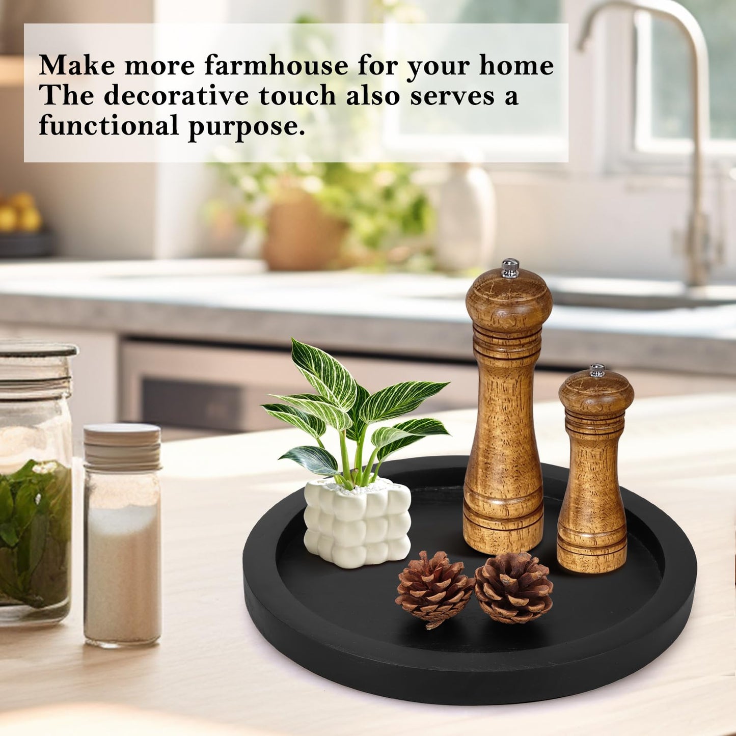 Rustic Decorative Wooden Serving Tray Home Decor Round Ottoman Coffee Table Trays Farmhouse Living Room Dinner Table Centerpiece Accessories Wood Candle Holder Tray for Kitchen Counter Bathroom Vanity