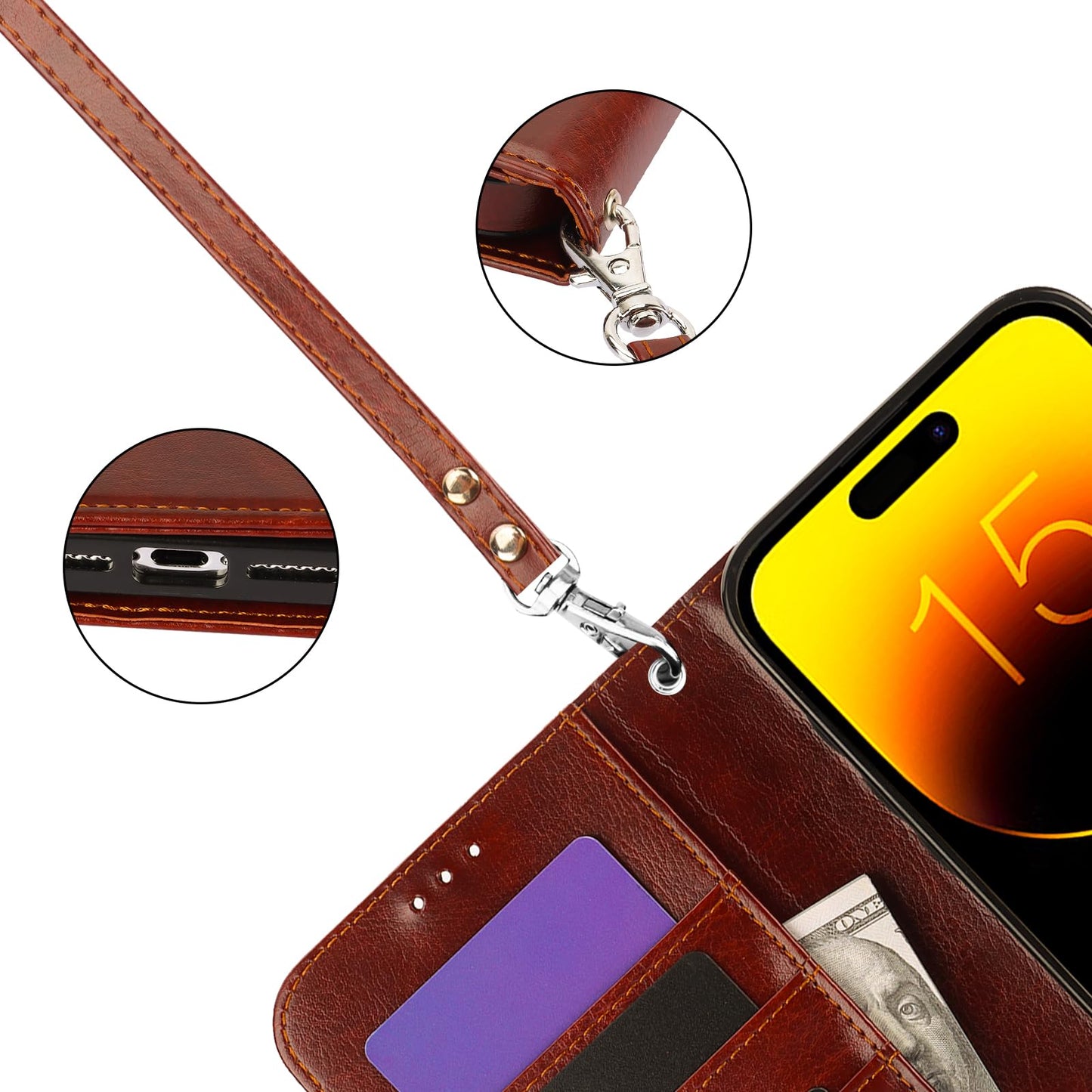 Bocasal Detachable Wallet Case for iPhone 15 Pro Max RFID Blocking Card Slots Holder Premium PU Leather Magnetic Kickstand Shockproof Wrist Strap Removable Flip Protective Cover 5G 6.7 inch (Brown)
