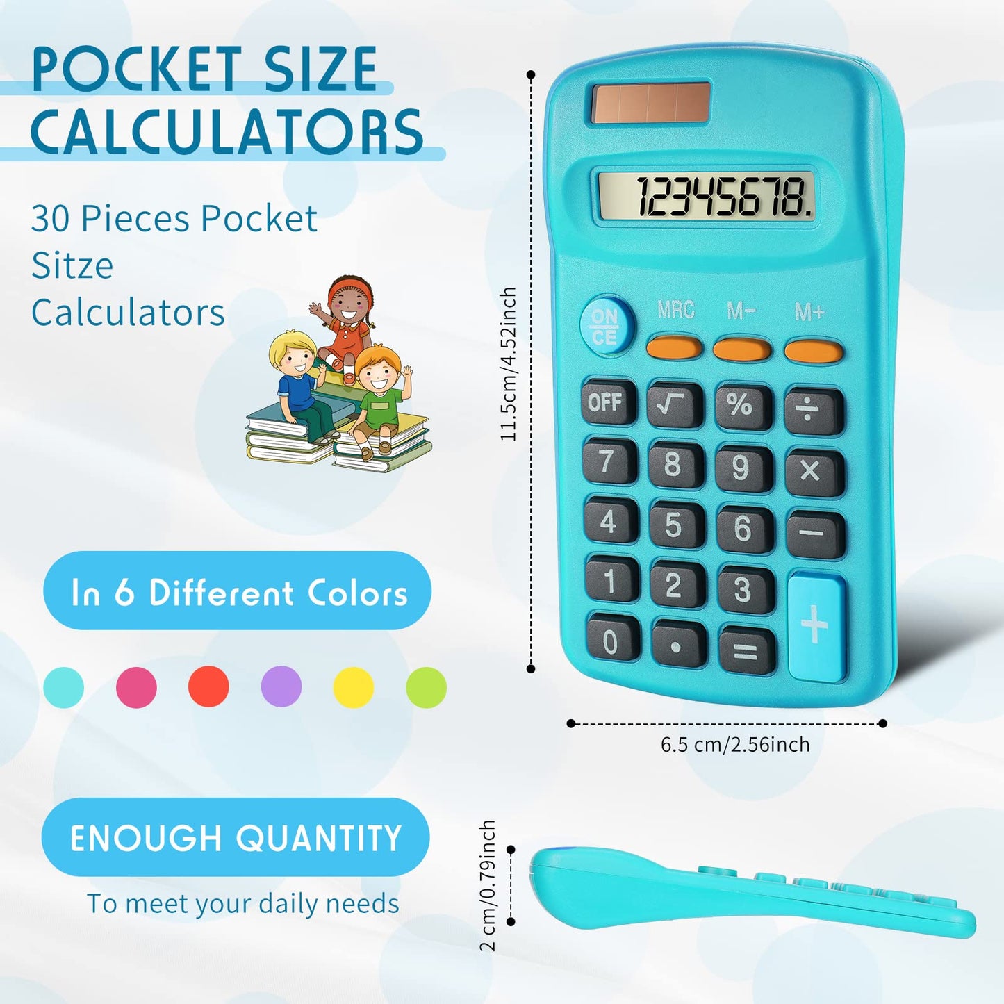 Weewooday 30 Pieces Small Basic Calculator Bulk 8 Digit Mini Solar Battery Dual Power Pocket Calculator for Kids Students Classroom Desktop Home Office, Standard Function 6 Colors