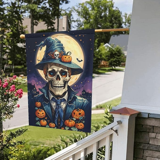 Halloween Skull Pumpkin Garden Flag for Fall Festival Porch Patio Farmhouse Outdoor Yard Decoration Vertical Double Sided Burlap 28 x 40 Inch