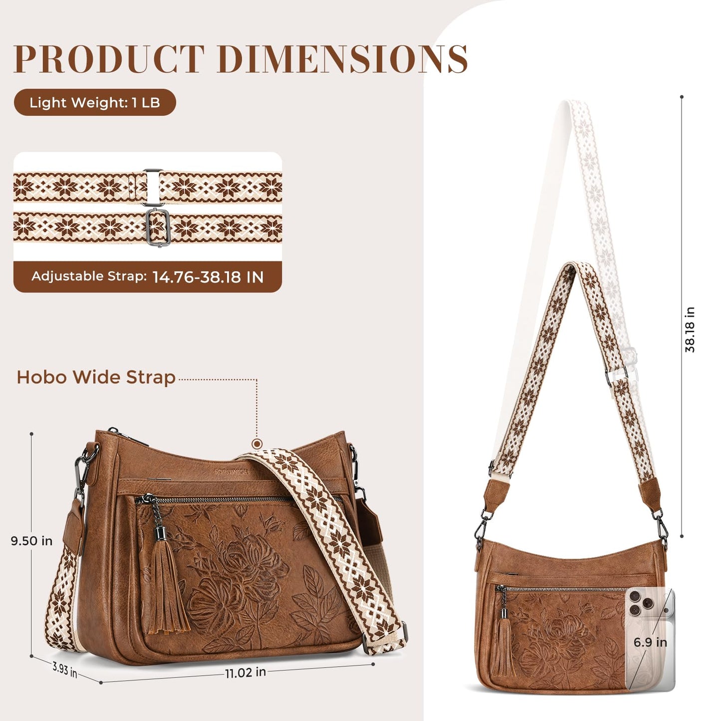 FORUWISH Crossbody Bags for Women, Brown Vegan Leather Medium Crossbody Purse, Spacious Daily Travel Shoulder Bag with Boho Strap