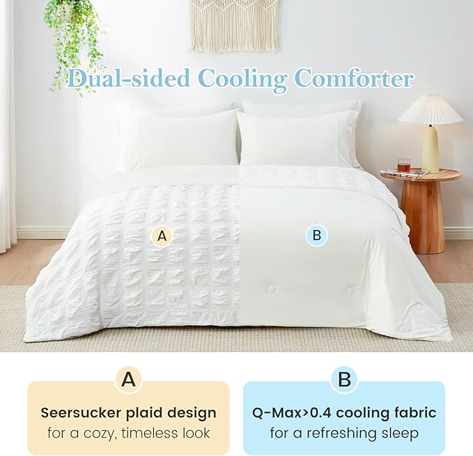 Cozy Bliss Cooling Comforter Twin Size Seersucker Plaid, Q-Max 0.4 Reversible Lightweight Cooling Blanket, Breathable Silk Smooth Summer Bedding Quilt for Hot Sleepers Night Sweats White