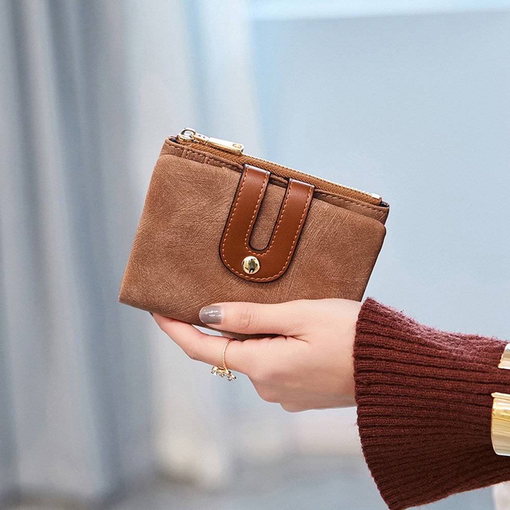 AOXONEL Women's Rfid Small Bifold Leather Wallet Ladies Mini Zipper Coin Purse id card Pocket,Slim Compact Thin (Brown)