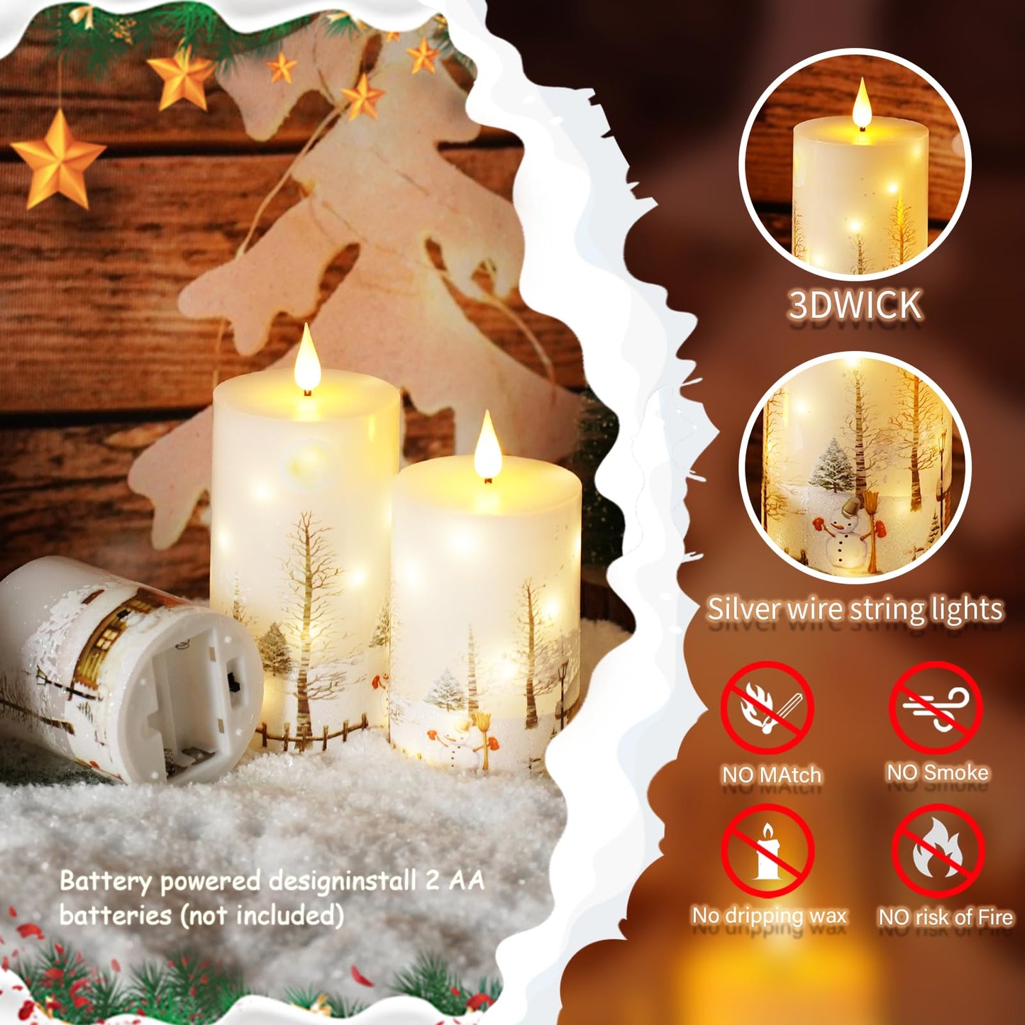 Christmas Flameless Candles with Remote - White LED Candles & String Lights, Battery Operated Set of 3 (D3 x H4/5"/6") for Window Decor, Christmas Decorations,Living Room Decoration