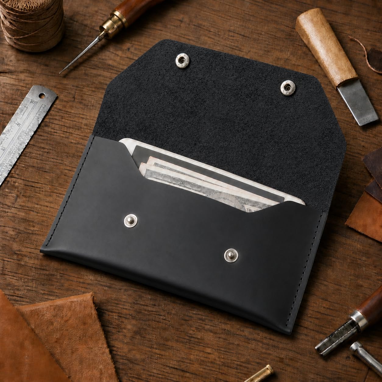 ZEMARS Genuine Leather Cash Envelope Wallet, Two Snap Money Pouch for Men and Women, Reusable Budget Envelope Wallet, Slim Organizer for Cash, Cards, Receipts, Checks and Keys (Black)