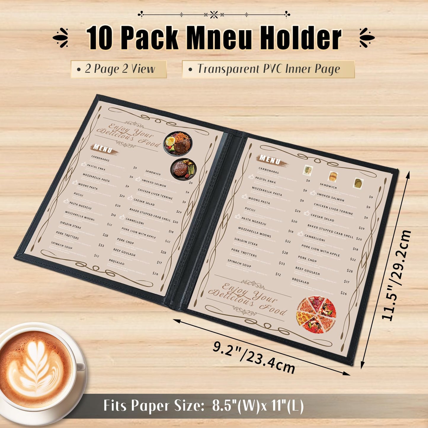 FLKQC Restaurant Menu Covers Holders 8.5" x 11" | Pack of 10 Synthetic Leather Double Fold Panels 2 View with PVC Cover for Wine List, Drinks (10, Double Fold Panels 2 View (8.5 x 11 inch))