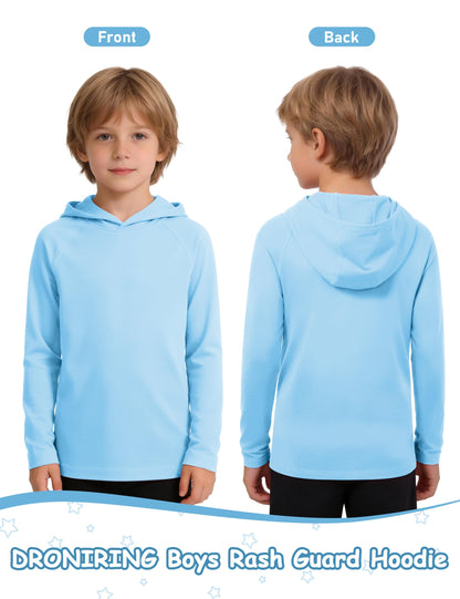 DRONIRING Boys Hooded Long Sleeve Rash Guard Swim Shirt, Youth Kids UPF 50+ Fishing Shirt, Sun Protection Hiking Beach Hoodie