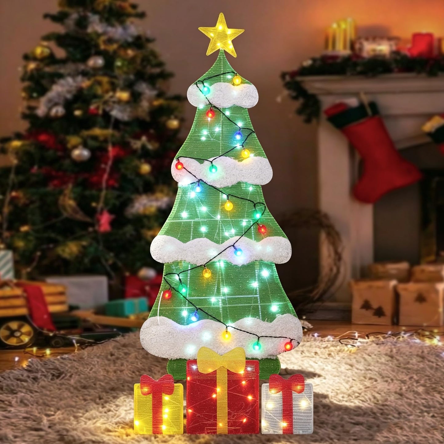 3ft 2D Christmas Tree Outdoor Decorations with 100 Twinkling LED Lights, 8 Light Modes, Large Holiday Yard Ornament for Patio, Lawn, Home （Sphere）