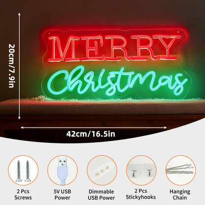 Merry Christmas LED Neon Sign, Dimmable Merry Xmas Decorative Light Holiday Theme Decor for Living Room Bedroom Party Pub Home Wall Table Festive Vibe Light Up Letters Sign, 16.5 x 7.9 In