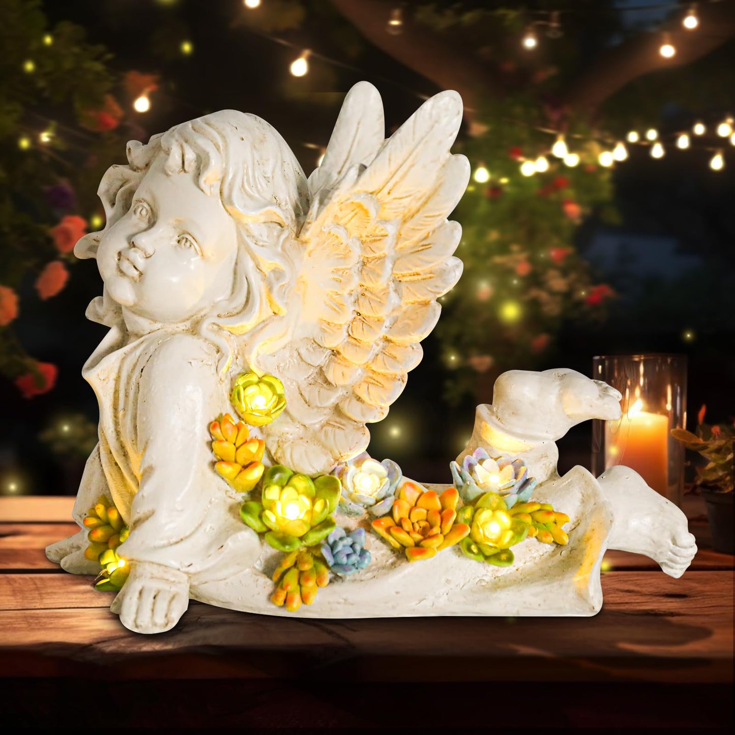 Solar Cherub Angel Outdoor Garden Decor Statues - 7 inches Baby Angel Figurines Outdoor Sculptures with Succulent, Garden Statues for Outside, Patio, Balcony, Lawn Ornaments or Housewarming Gift