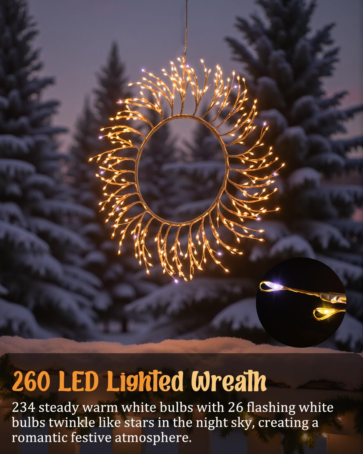 ooLALoo Pre-Lit Christmas Door Wreath Decorations, 22" Christmas Wreath with 260 LEDs Fairy Lights, USB Operated Window Lights Hanging for Front Door Wall Party Xmas Indoor Decor, Gold Twig
