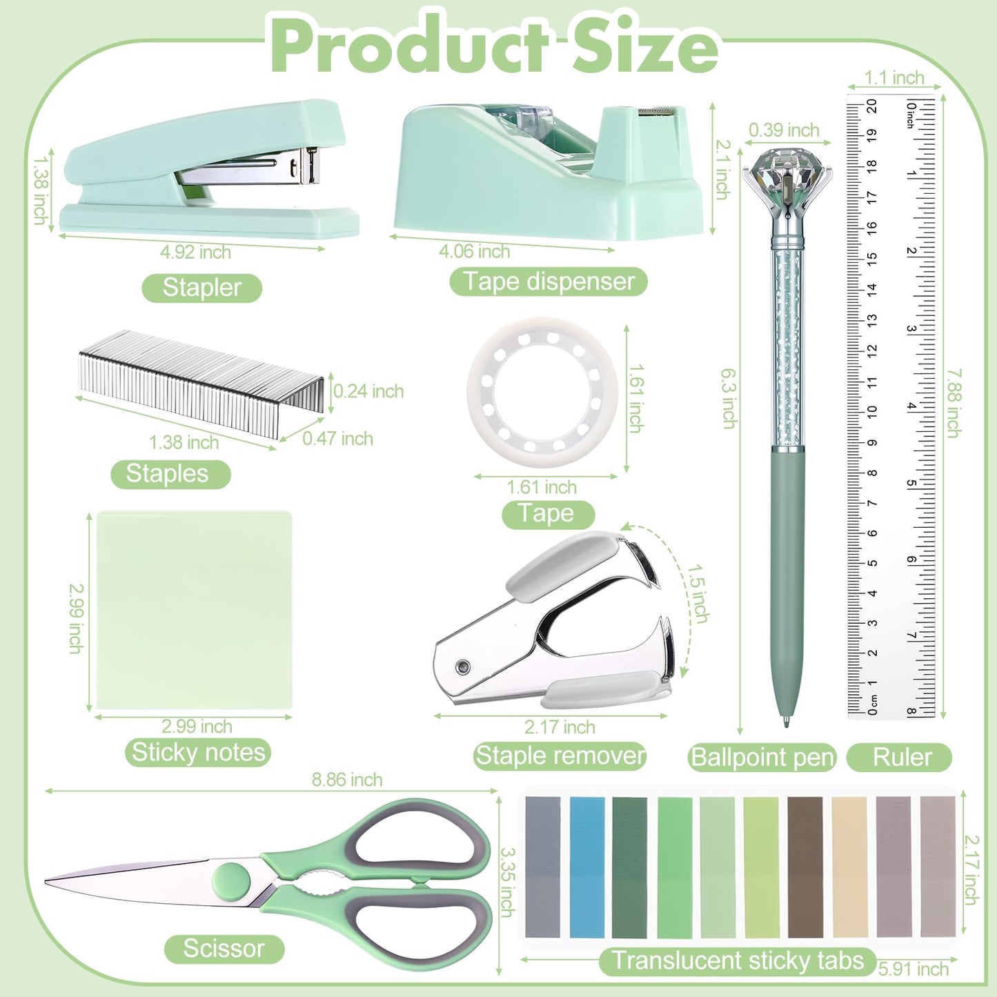 Marspark 12 Pcs Sage Green Office Supplies Desk Accessories Set Pen Holder Tape Dispenser Stapler Staple Remover Staples Tape Ruler Scissor Pen Sticky Note Index Tab Clips Set for Office School Home