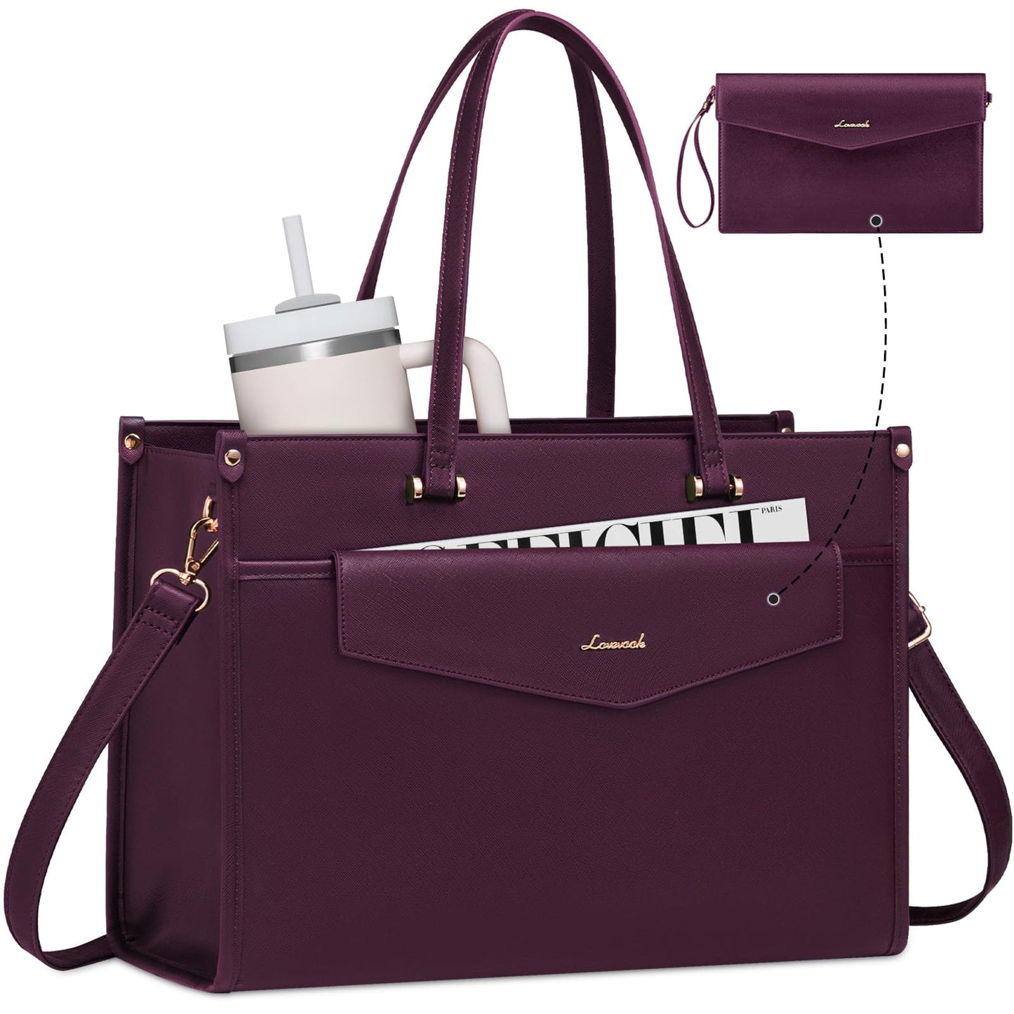 LOVEVOOK Laptop Bag for Women, 15.6'' Laptop Tote Purse 2-in-1 Professional Work Bag Business Briefcase with Clutch Purse, Waterproof Leather Computer Handbag for Teacher Office Travel