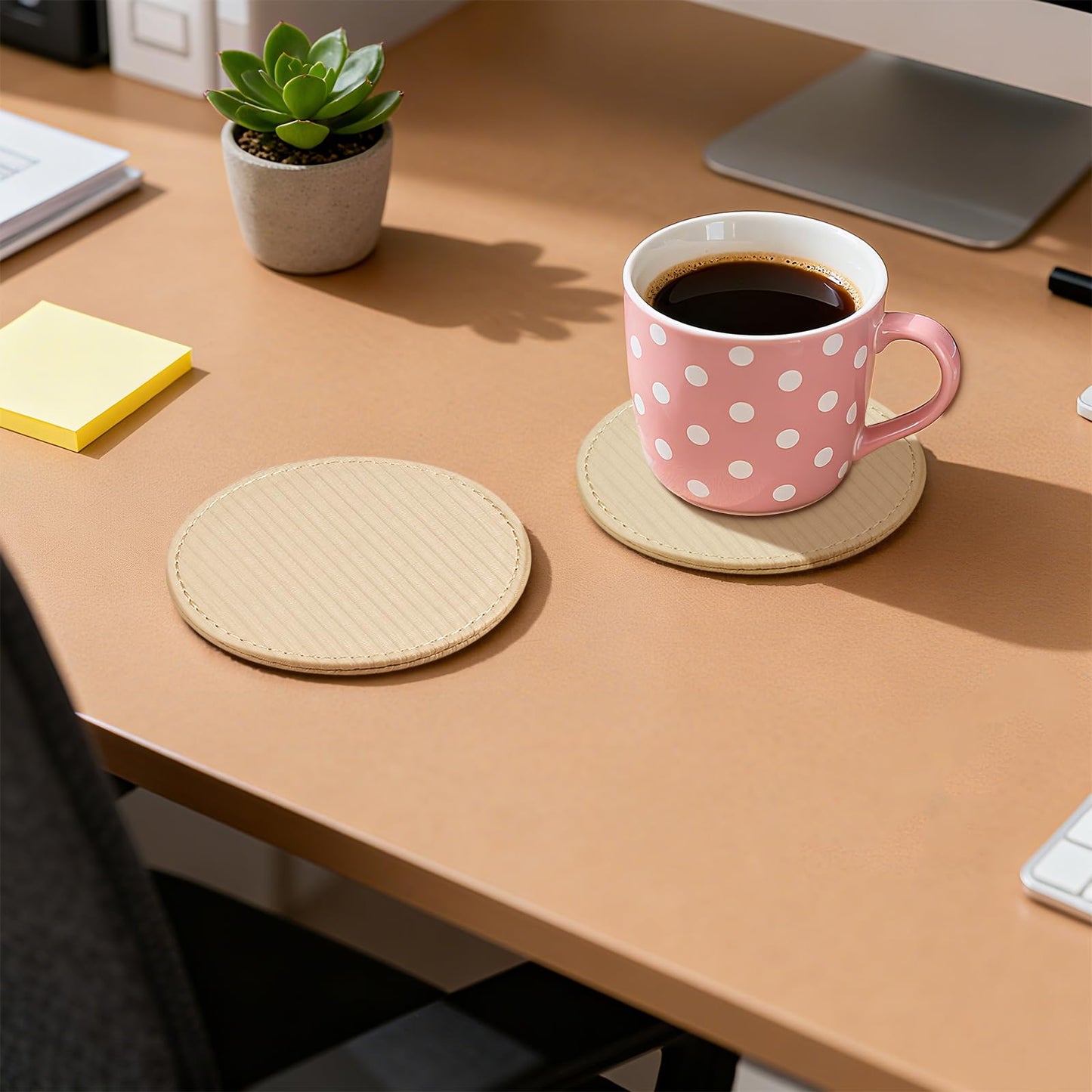 Leather Coasters Set of 6 with Holder, Tabletop Protection, Coffee Table & Bar Decoration, Modern-Style Drink Coasters Suitable for Home Dining Tables & Kitchen Accessories (Beige Stripe)