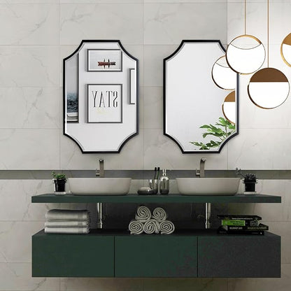 Kelly Miller Scalloped Black Bathroom Mirror for Wall, 24"x36" Black Mirror Decorative Wall Mirror Art Framed Mirror Bevelled for Master Bath Half Bath Living Room Fireplace Mantle Entryway Hallway