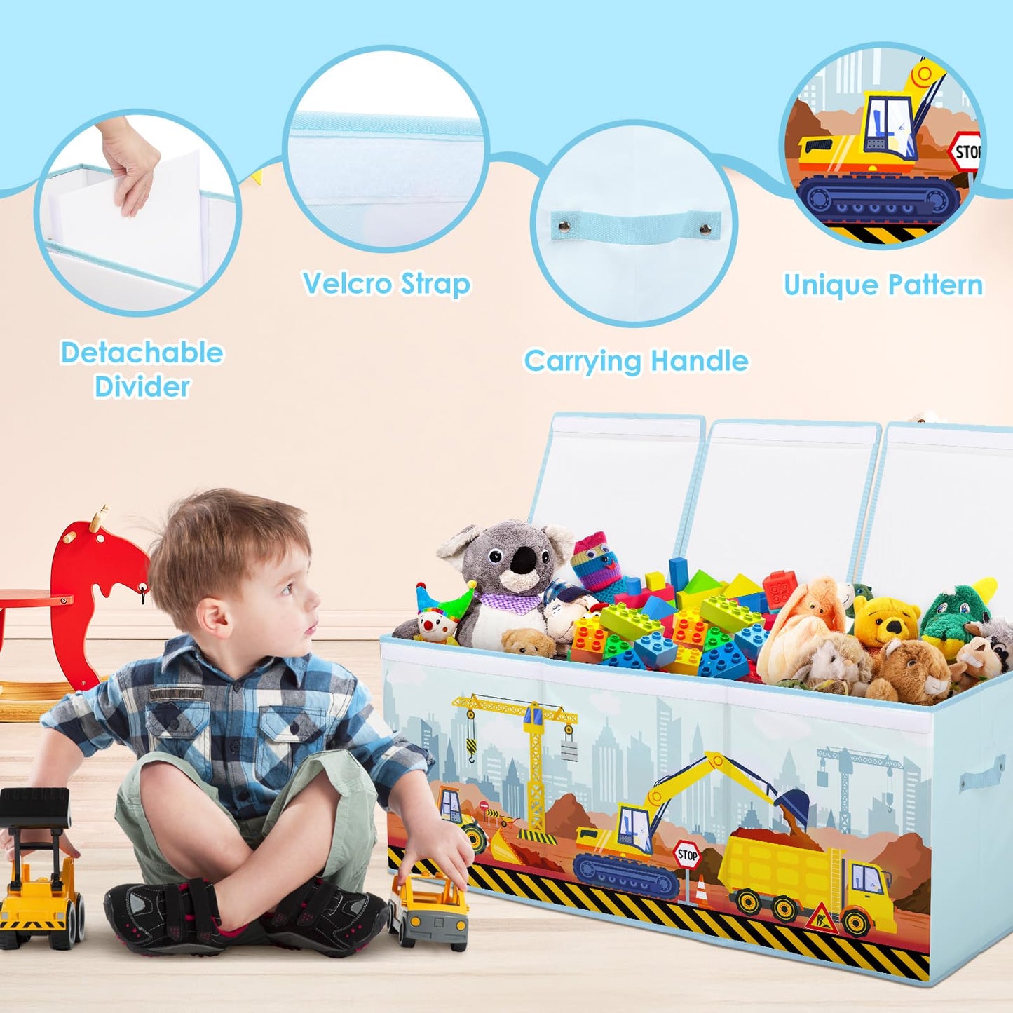 Toy Storage Bin with Lids,Extra Large Toy Box Chest with Handles for Kids Boys Girls,Collapsible Storage Organizer Box Bin Basket for Bedroom,Playroom, Nursery,37.8"x12.6" x15.7",Engineering vehicle