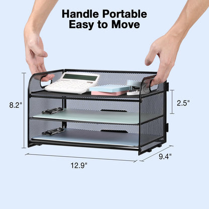 NCXTKJ 3-Tier Letter Tray Paper Organizer with Handle, Compact Mesh Desk File Organizer for Home Office Supplies Desktop Accessories,Black