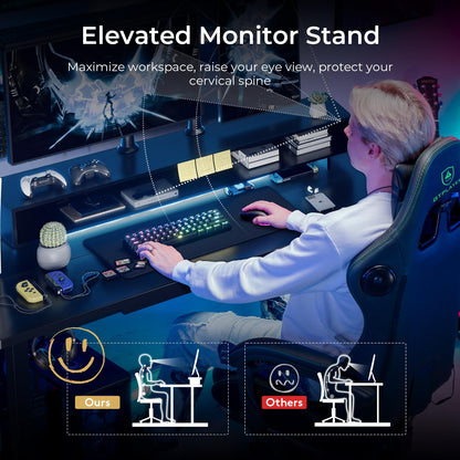 GTPLAYER Electric Standing Desk with Drawers, 55 x 24 Inch Height Adjustable Gaming Desk with Monitor Stand, Power Outlets & LED Lights, Home Office Sit Stand Up Desk with Memory Preset Controller
