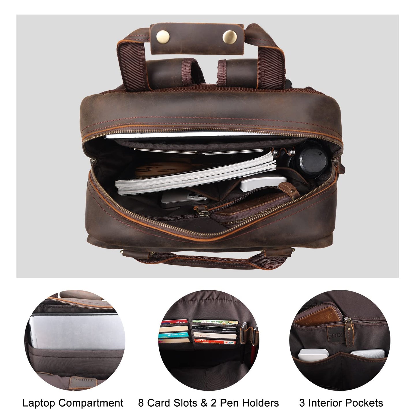 TIDING Genuine Leather 15.6 inch Laptop Backpack for Men College Casual Rucksack Backpack Business Travel Daypack