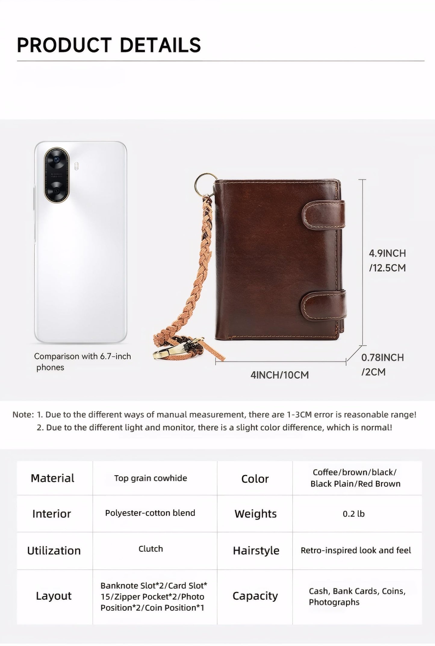 Mewpurrs Mens Genuine Leather Trifold Wallet, RFID Blocking Vertical Wallet with Wrist Strap, Zipper Coin Pocket, 15 Card Slots, Coffee