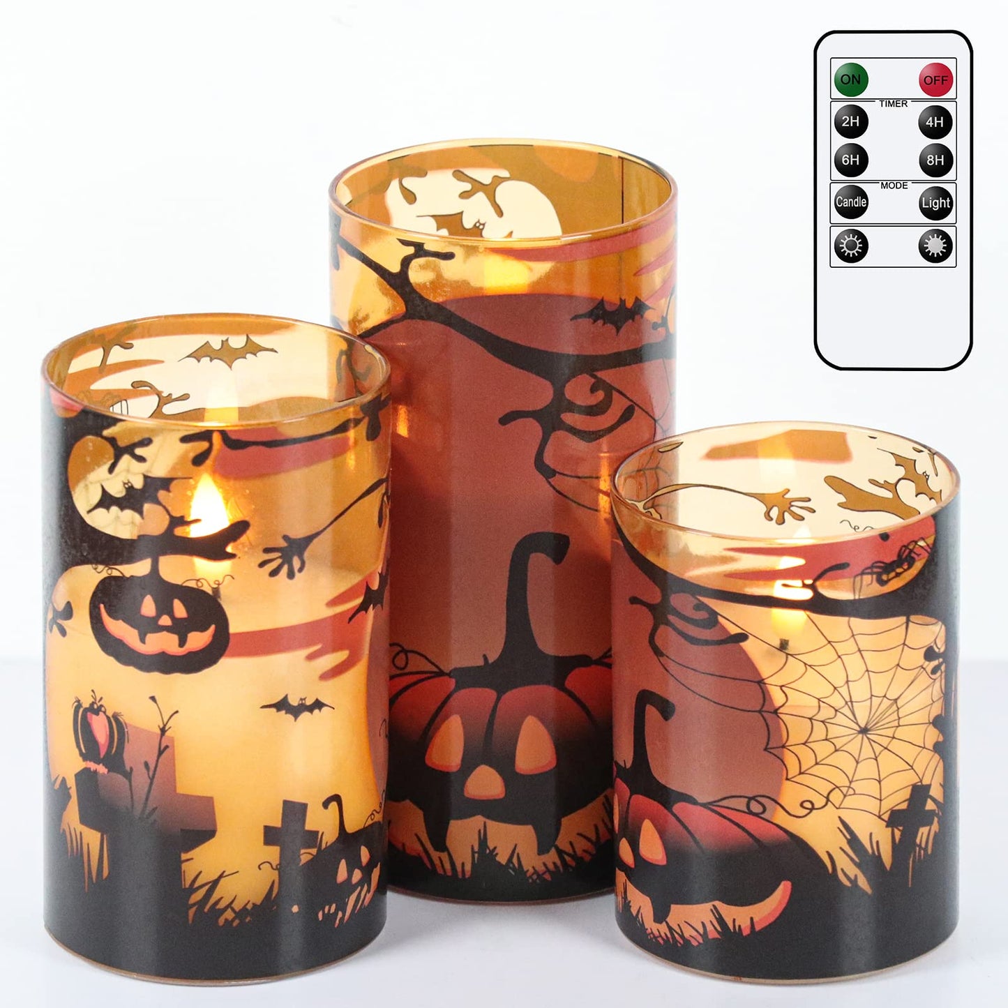 Eldnacele Halloween Flameless Candles with Remote Pumpkin, Spider Web Decal and Castle Decals Battery Operated Real Wax Flickering Glass Pillar Candle for Spooky Halloween Decor 3 Pack