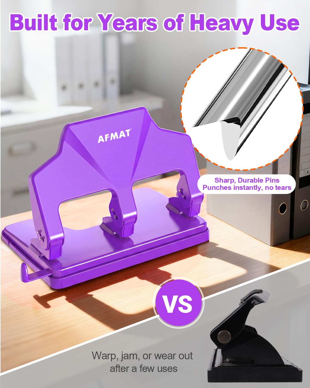 AFMAT 3 Hole Punch Heavy Duty, 40-Sheet Three Hole Punch, 50% Reduced Effort, 3 Hole Puncher for Binder w/Large Chip Tray, 9/32" Holes Diameter, Metal Paper Puncher for Home/Office/School,HP14(Purple)