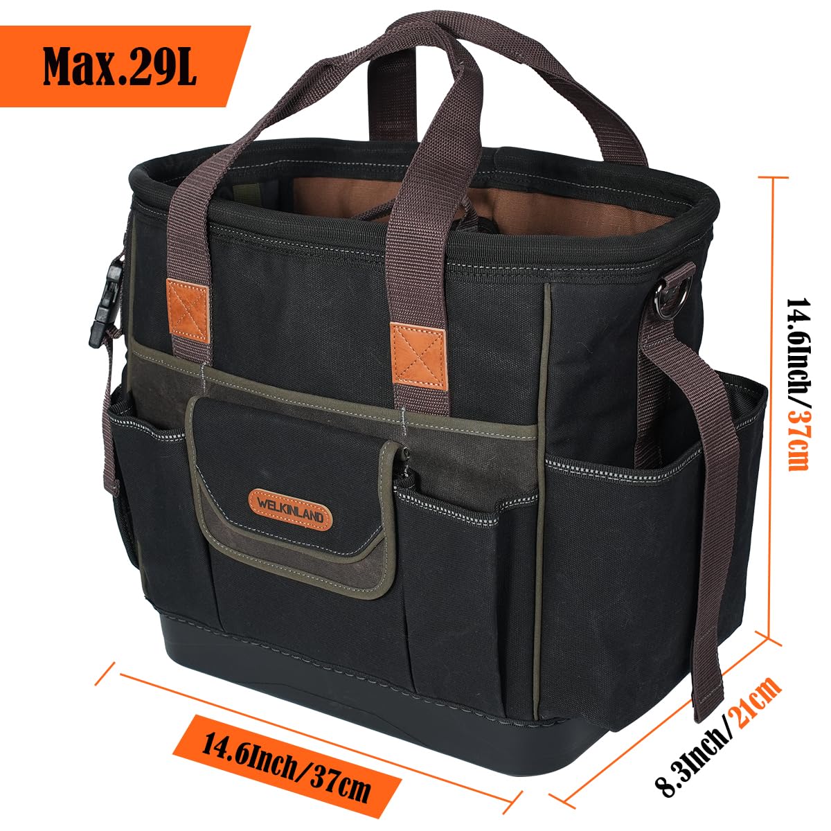 WELKINLAND 50-Pocket Electrician Tool Tote, Large Hard Bottom Tool Bag, Waxed-Canvas Tool Tote For Electrician, Heavy-Duty HVAC Service Bag, Easy-Access Open Top Tool Bag, Stay-Up Technician Tools Bag