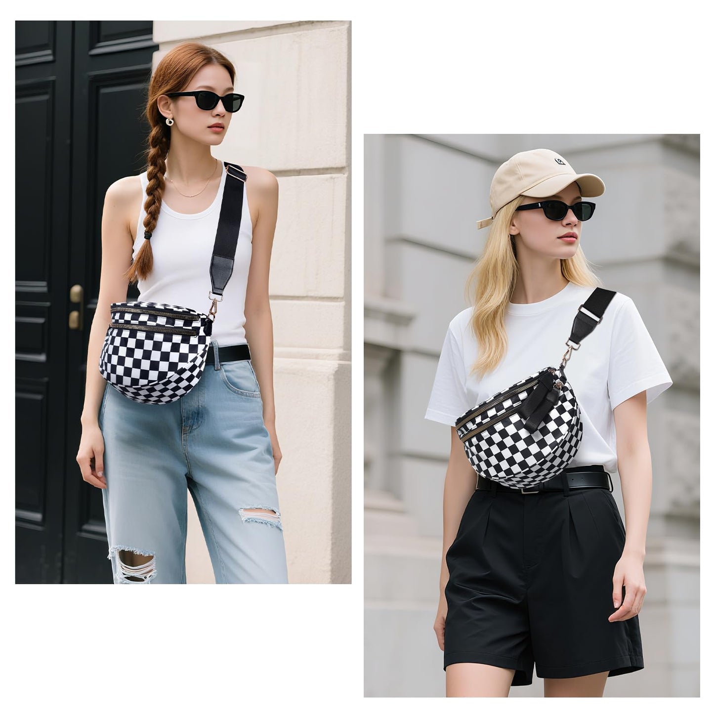FFEDAYUN Checkered Crossbody Bag Spacious Bum Bags for Women Nylon Fanny Packs Belt Bag Handbags Wallets for Shopping Travel,Black White