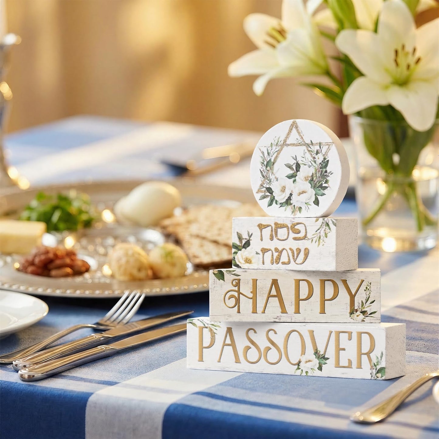 Smile Passover Wooden Decorations 4PCS Happy Passover Pesach, Star of David Tiered Tray Centerpieces Decor, Seder Jewish for Home Office