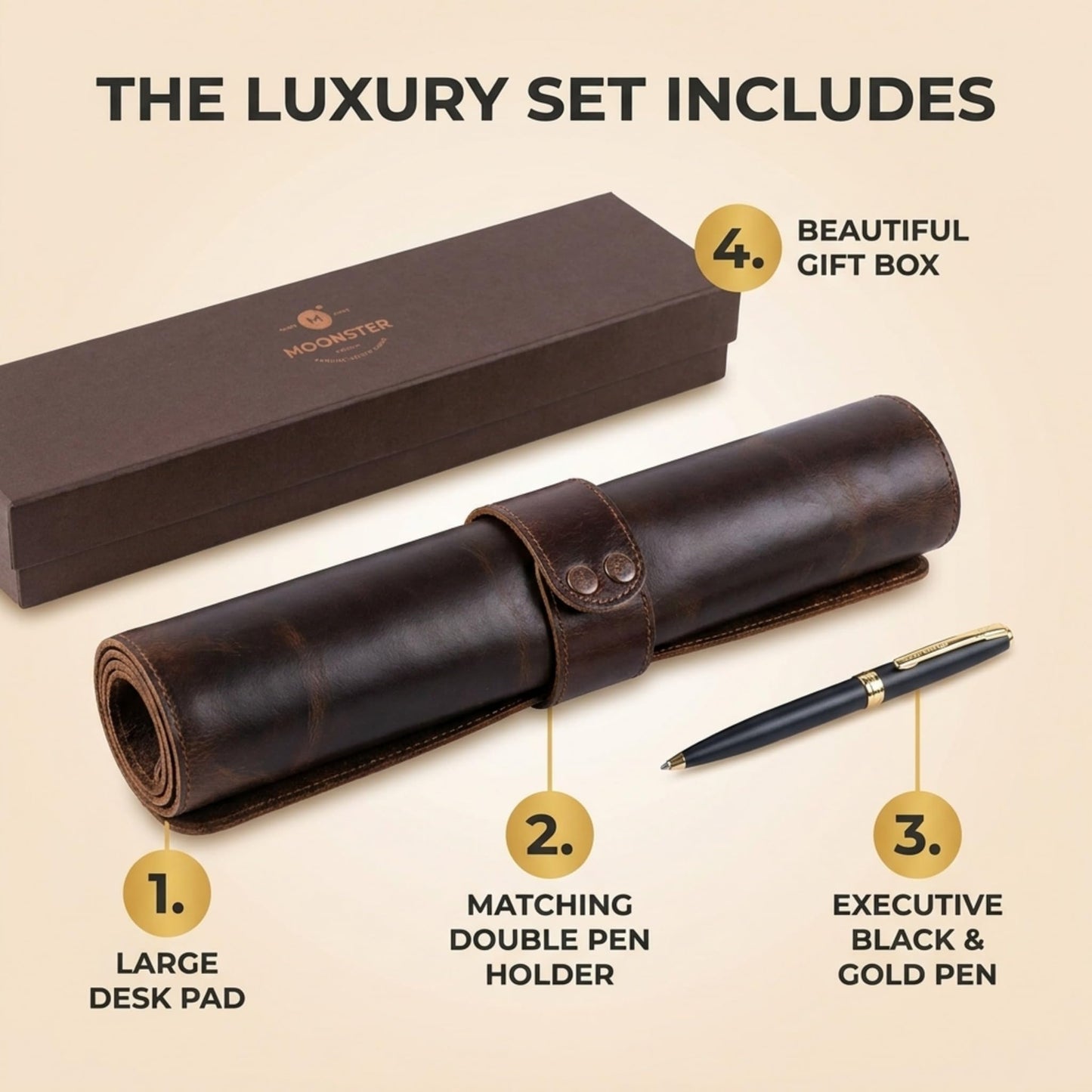 moonster 100% Full Grain Buffalo Leather Desk Pad with Ballpoint Pen & Pen Holder – 31 x 16 in Office Desk Mat, Large Mouse Pad, Non-Slip Desk Blotter, Laptop Table Protector, Desk Cover for Work