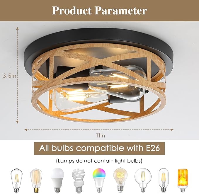 2 Pack Close to Ceiling Light Fixtures, 2-Light Indoor House Flush Mount Ceiling Light, 11 Inch Metal Cage Cross Wood Finish Farmhouse Ceiling Lights for Kitchen Hallway Bedroom